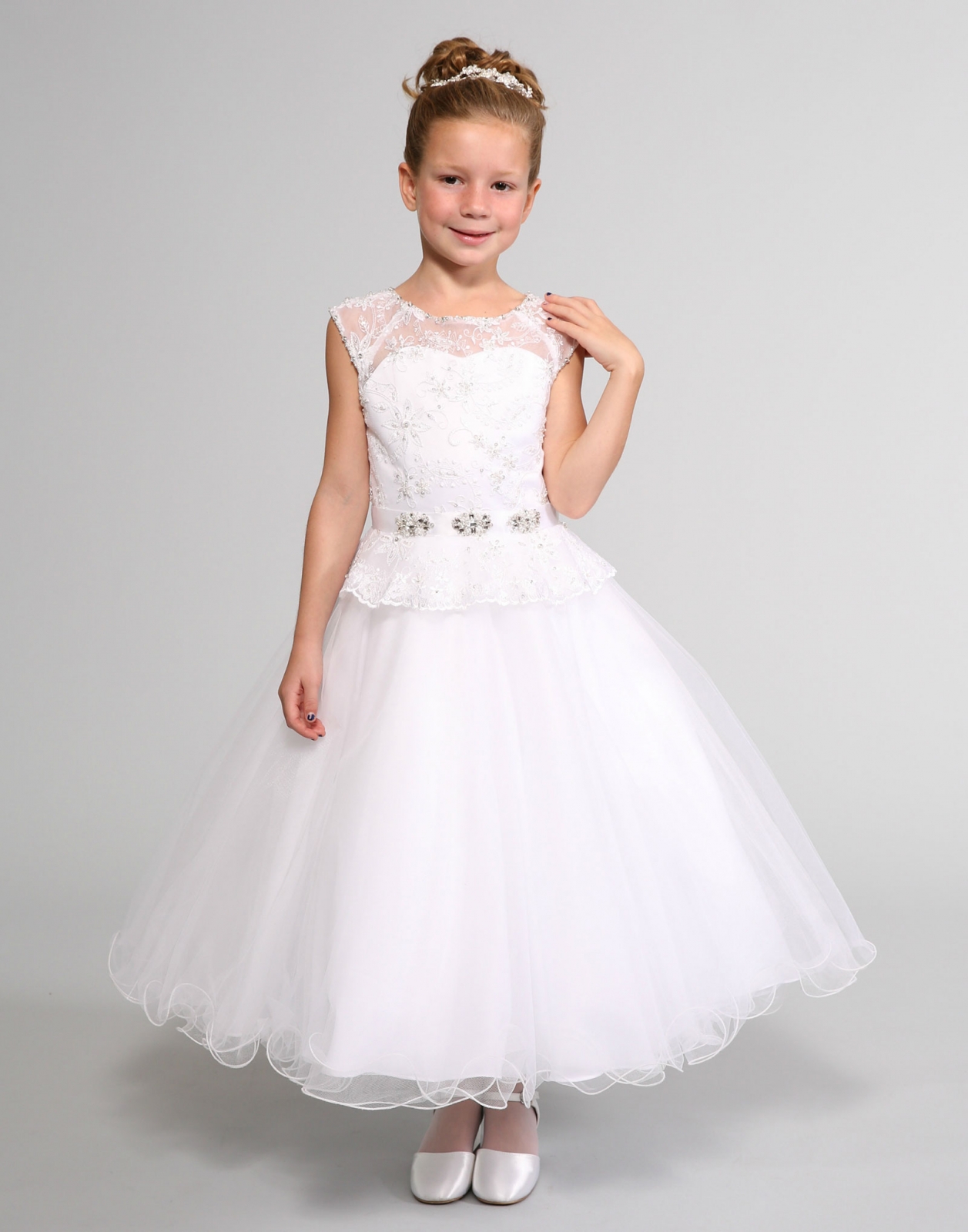 Girls Dress Style 0614318 White Ankle Length Lace , Beading Bateau A-line Dress in Choice of Colour