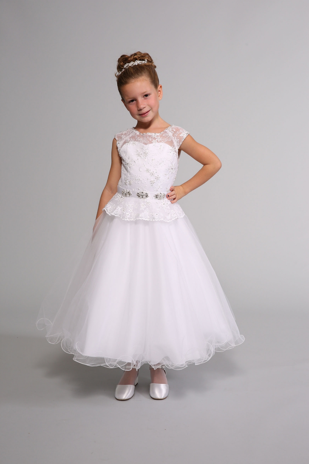 Girls Dress Style 0614318 White Ankle Length Lace , Beading Bateau A-line Dress in Choice of Colour