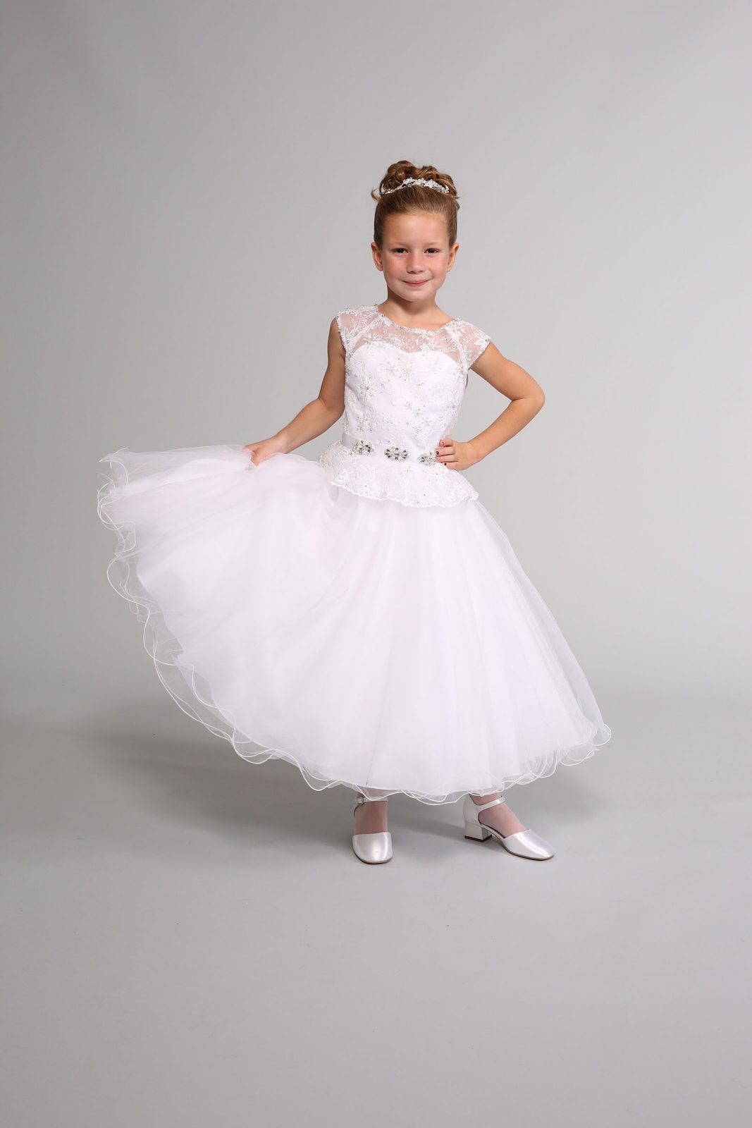 Girls Dress Style 0614318 White Ankle Length Lace , Beading Bateau A-line Dress in Choice of Colour
