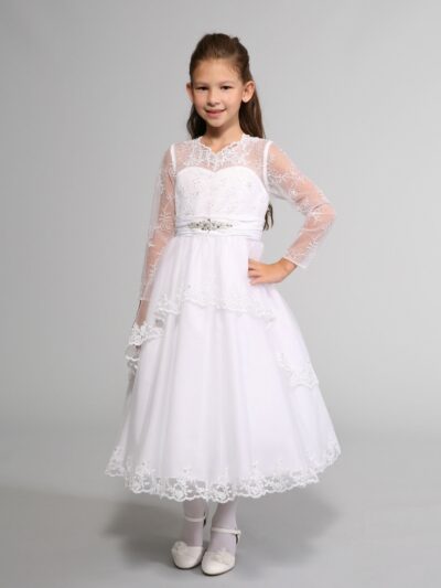 Girls Dress Style 0614418 White Tea-length Lace , Beading V-neck A-line Dress in Choice of Colour