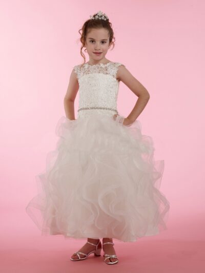 Girls Dress Style 0614518 Champagne Ankle Length Lace , Beading , Tiered Bateau A-line Dress in Choice of Colour