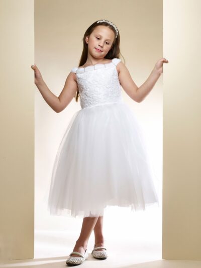 Girls Dress Style 0616118 White Tea-length Lace Bateau A-line Dress in Choice of Colour