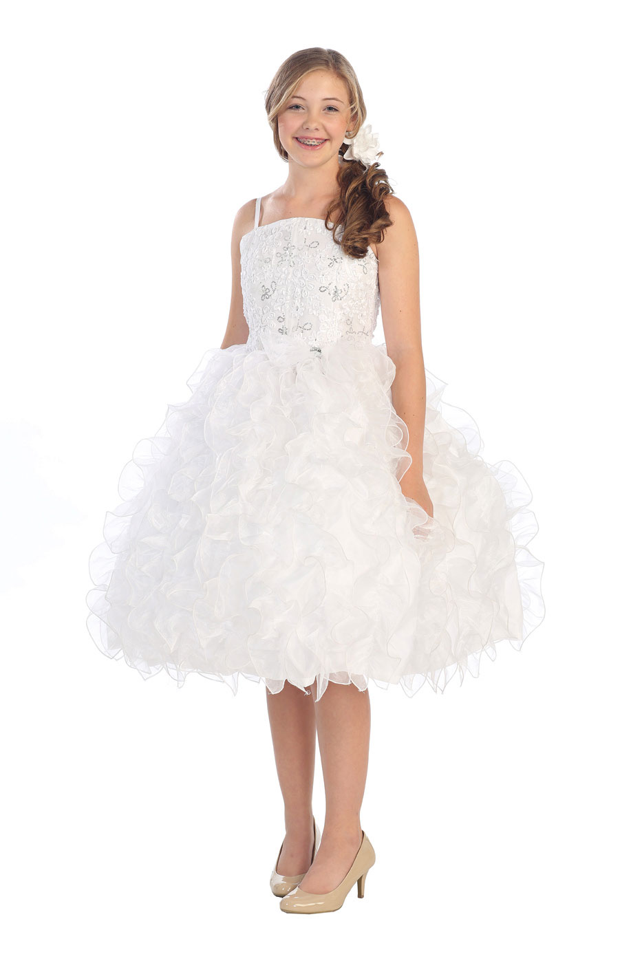 Girls Dress Style 0616718 White Floor-length Layers Bateau A-line Dress in Choice of Colour