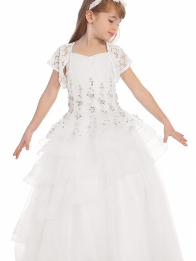 Girls Dress Style 0617418 Ivory Floor-length Beading V-neck A-line Dress in Choice of Colour