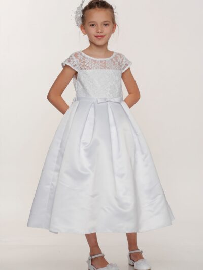 Girls Dress Style 0617618 Ivory Tea-length Lace , Bowknot Round A-line Dress in Choice of Colour