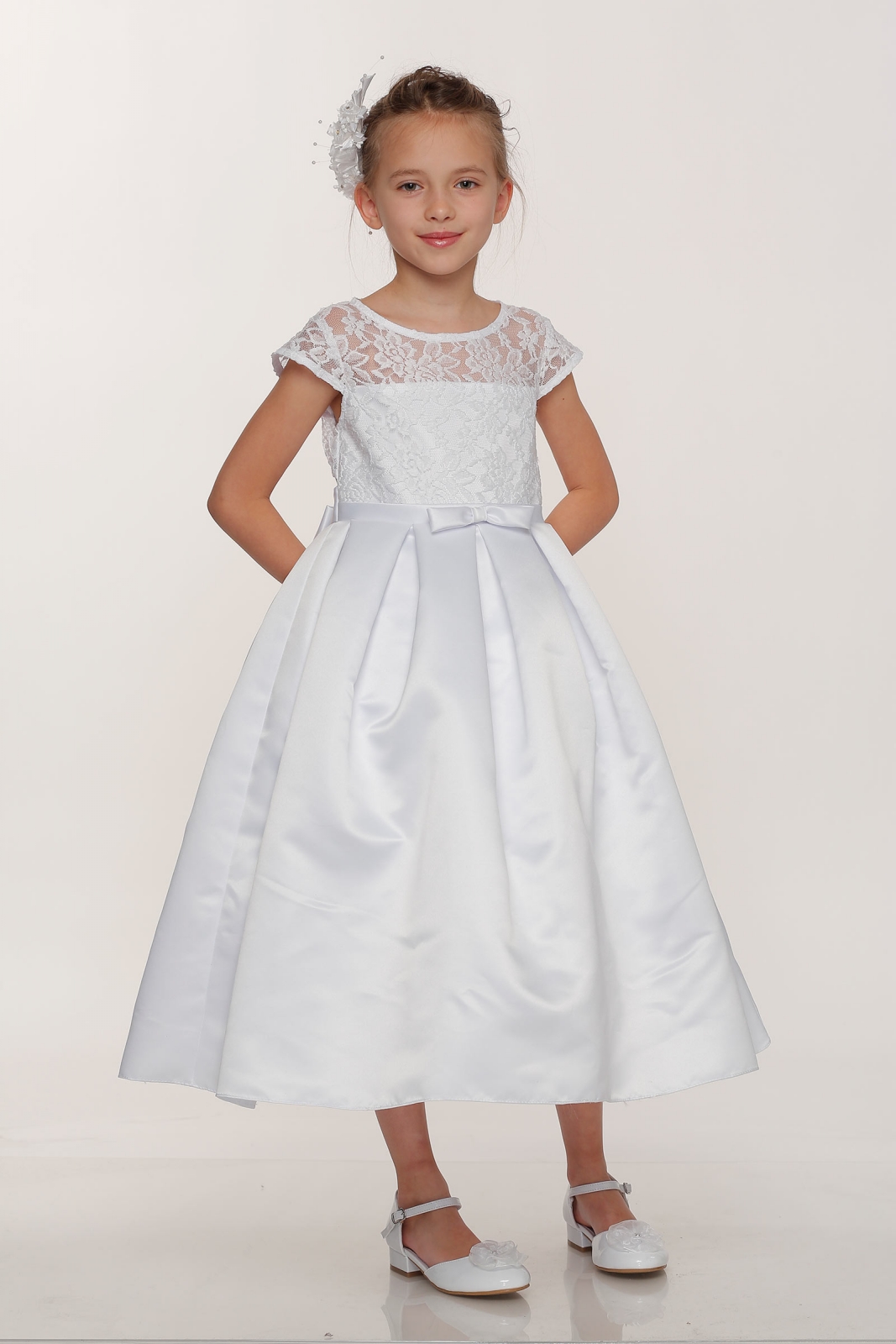Girls Dress Style 0617618 Ivory Tea-length Lace , Bowknot Round A-line Dress in Choice of Colour
