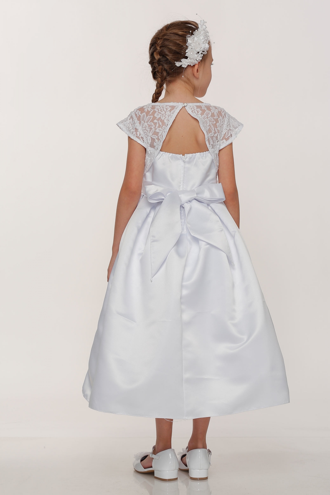 Girls Dress Style 0617618 Ivory Tea-length Lace , Bowknot Round A-line Dress in Choice of Colour
