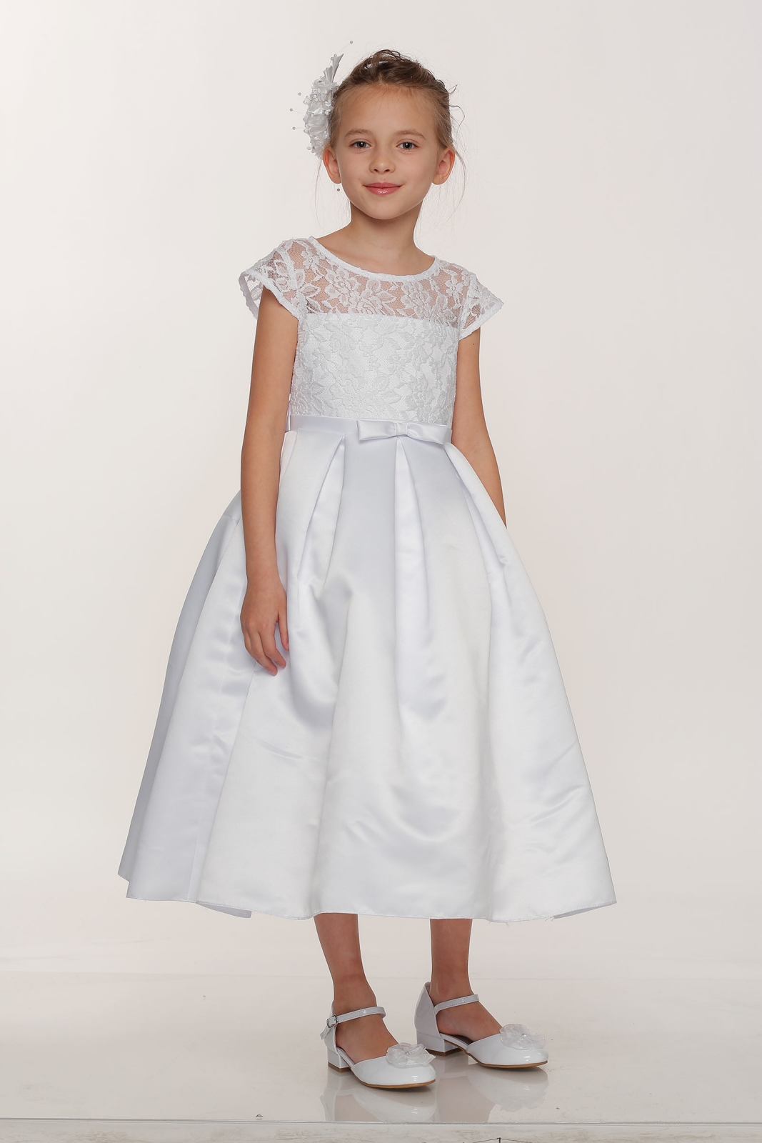 Girls Dress Style 0617618 Ivory Tea-length Lace , Bowknot Round A-line Dress in Choice of Colour