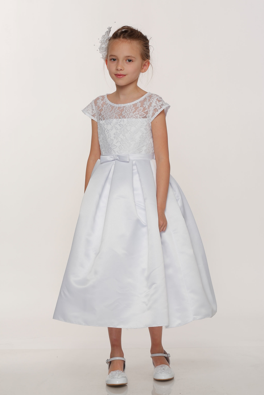 Girls Dress Style 0617618 Ivory Tea-length Lace , Bowknot Round A-line Dress in Choice of Colour