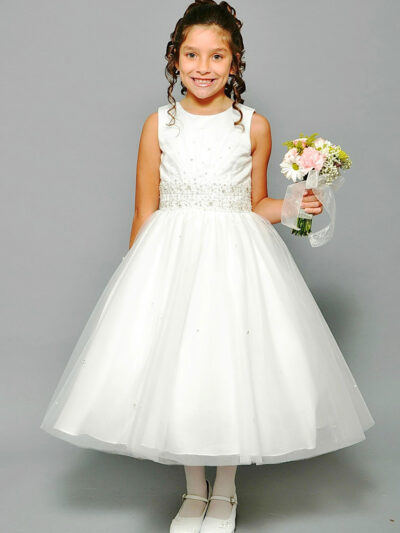Girls Dress Style 0617918 Ivory Tea-length Beading Round A-line Dress in Choice of Colour
