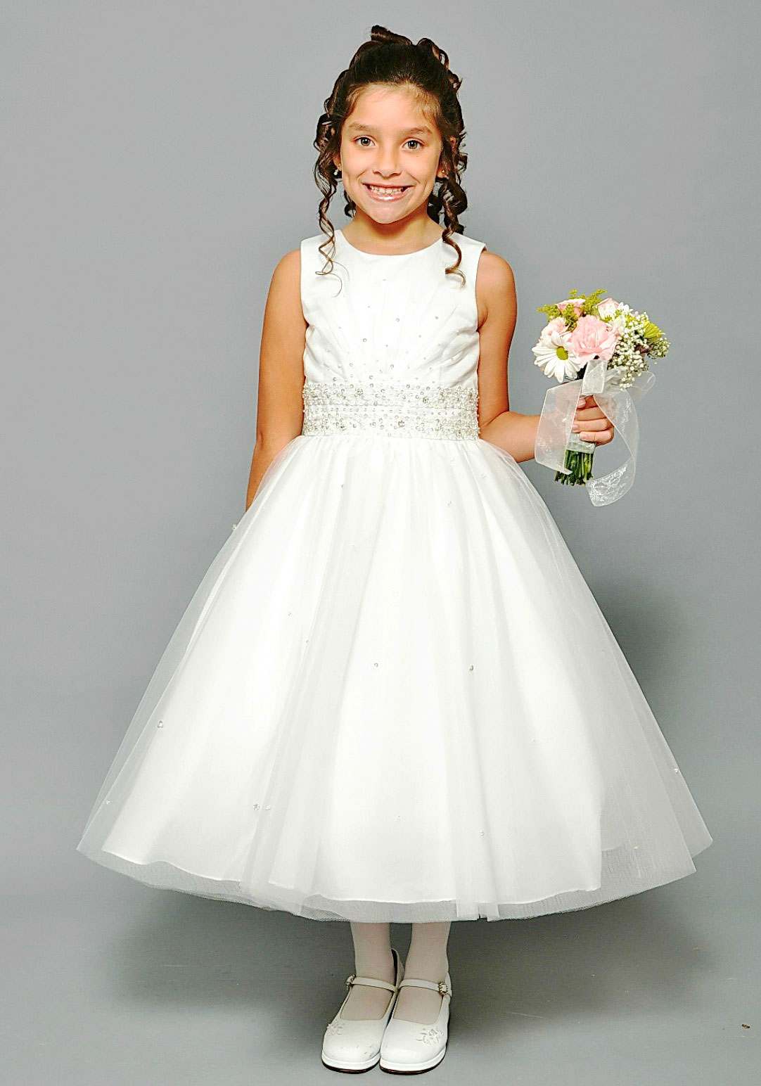 Girls Dress Style 0617918 Ivory Tea-length Beading Round A-line Dress in Choice of Colour