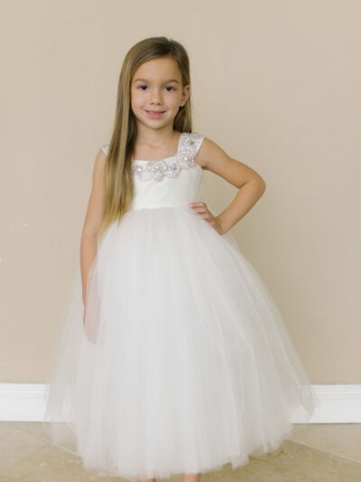 Girls Dress Style 0619118 Ivory Tea-length Beading Bateau A-line Dress in Choice of Colour