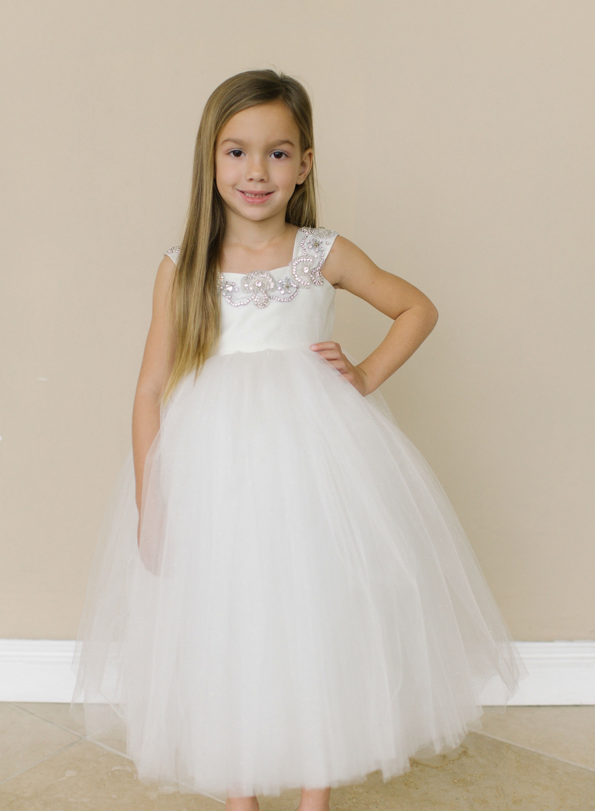 Girls Dress Style 0619118 Ivory Tea-length Beading Bateau A-line Dress in Choice of Colour