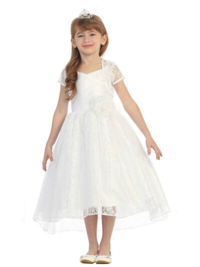 Girls Dress Style 0619418 Ivory Tea-length Hand Made Flower V-neck A-line Dress in Choice of Colour