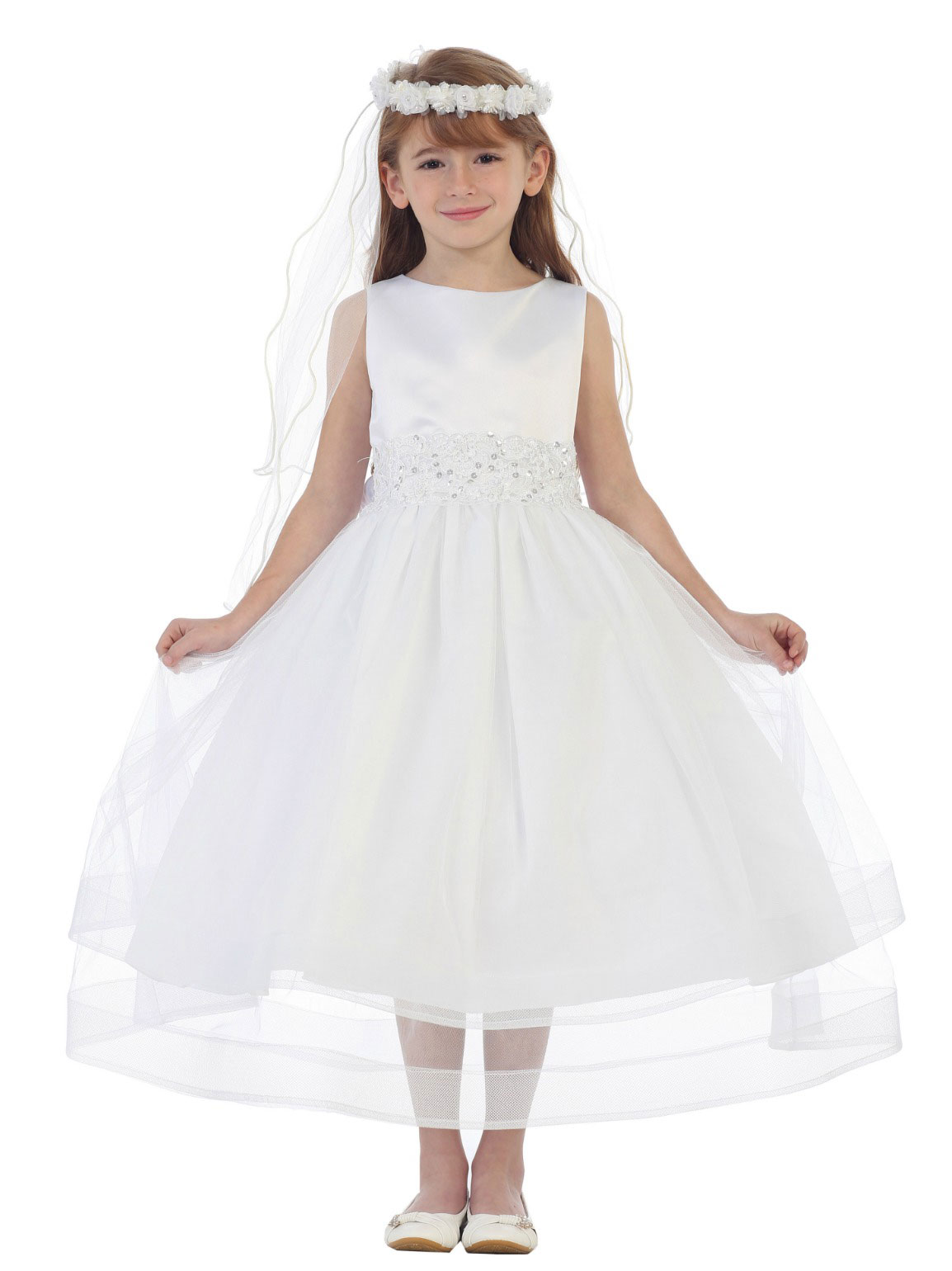 Girls Dress Style 0619618 Ivory Tea-length Beading Bateau A-line Dress in Choice of Colour