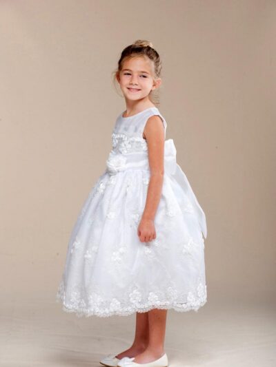 Girls Dress Style 0620018 Ivory Tea-length Hand Made Flower Round A-line Dress in Choice of Colour