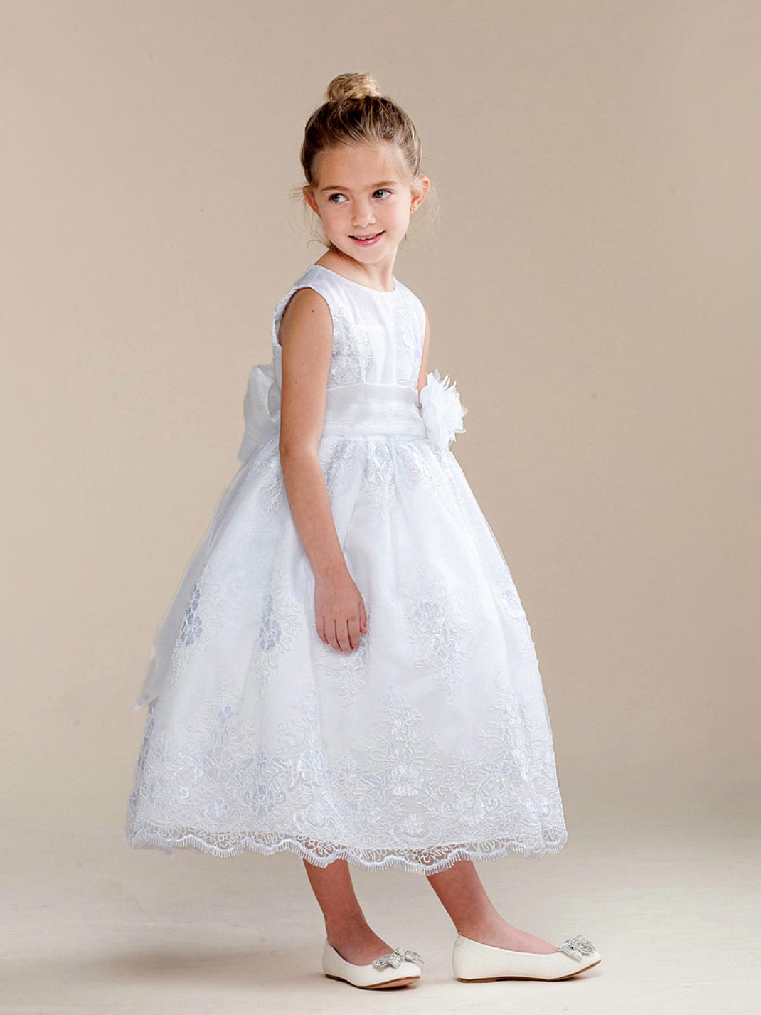 Girls Dress Style 0620218 Ivory Tea-length Hand Made Flower Round A-line Dress in Choice of Colour