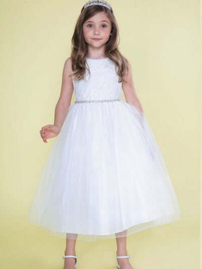 Girls Dress Style 0620318 White Tea-length Beading Bateau A-line Dress in Choice of Colour