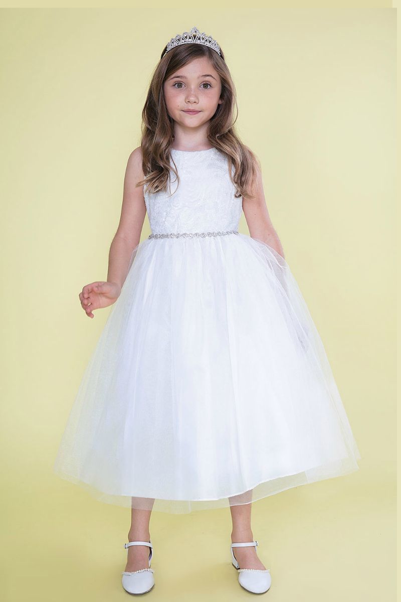 Girls Dress Style 0620318 White Tea-length Beading Bateau A-line Dress in Choice of Colour