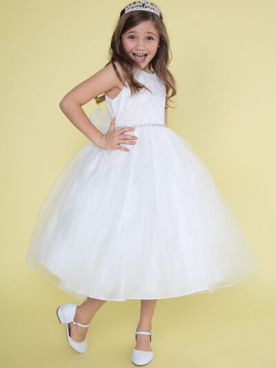 Girls Dress Style 0620318 White Tea-length Beading Bateau A-line Dress in Choice of Colour