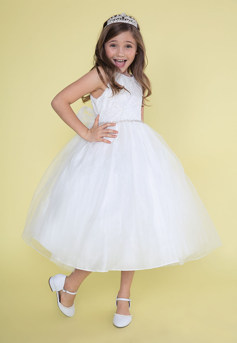 Girls Dress Style 0620318 White Tea-length Beading Bateau A-line Dress in Choice of Colour