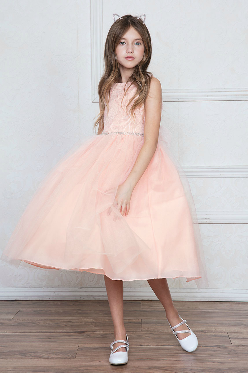 Girls Dress Style 0620318 White Tea-length Beading Bateau A-line Dress in Choice of Colour
