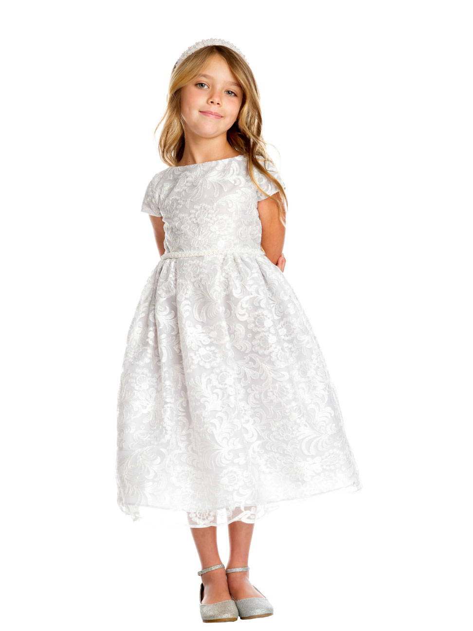 Girls Dress Style 0620618 Ivory Tea-length Belt Bateau A-line Dress in Choice of Colour