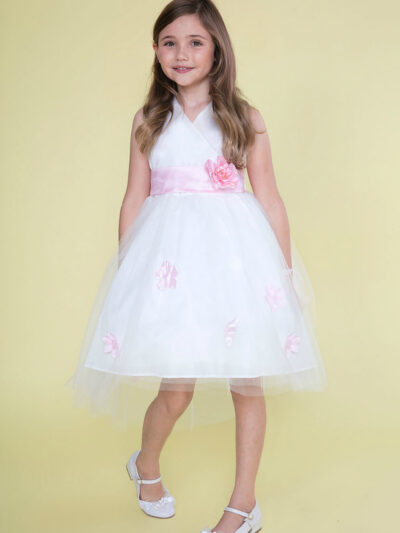 Girls Dress Style 0621418 White Knee-Length Bowknot , Hand Made Flower V-neck A-line Dress in Choice of Colour