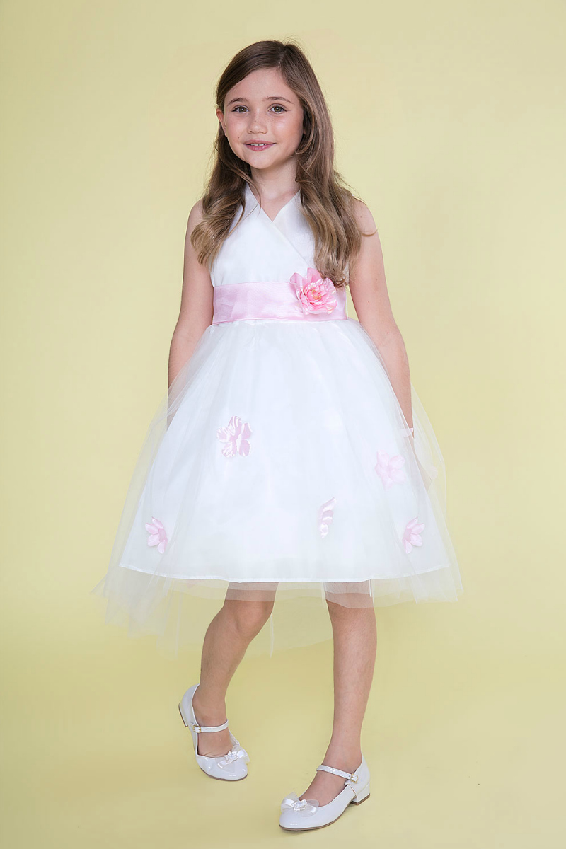 Girls Dress Style 0621418 White Knee-Length Bowknot , Hand Made Flower V-neck A-line Dress in Choice of Colour
