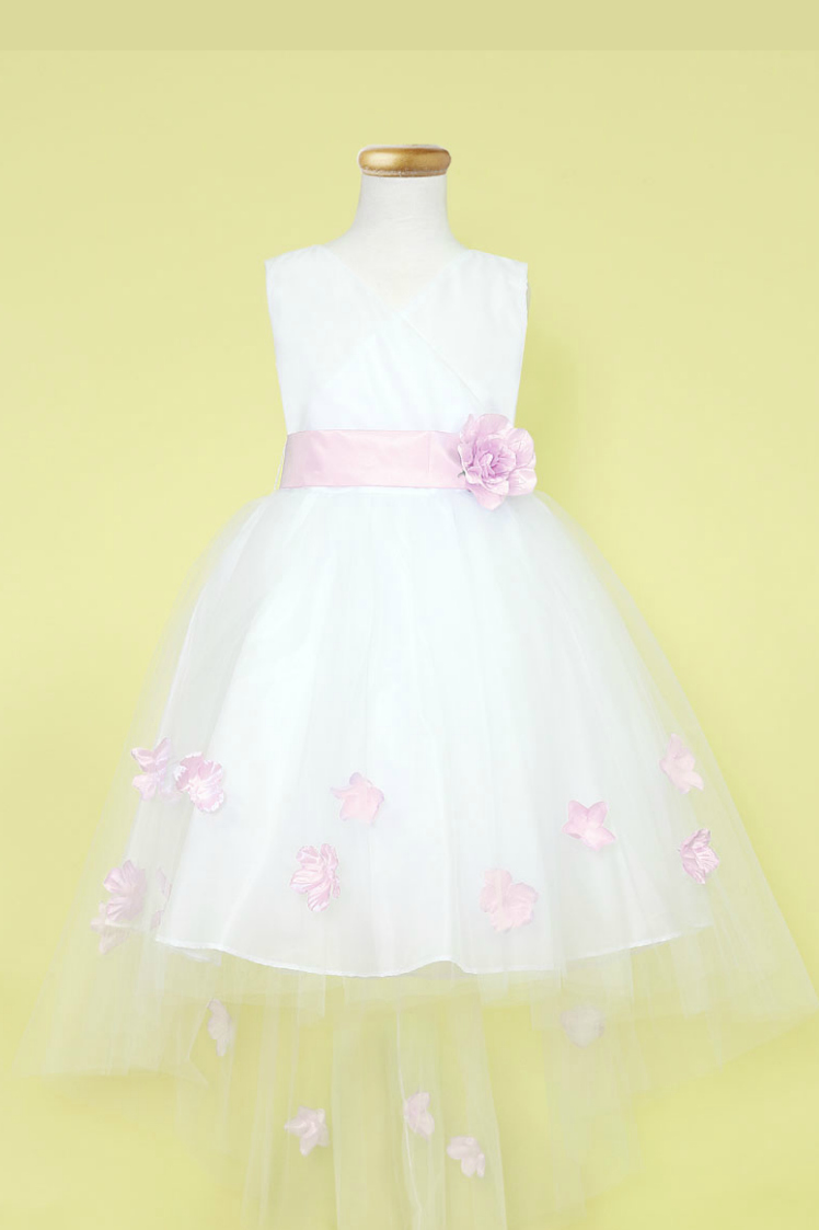 Girls Dress Style 0621418 White Knee-Length Bowknot , Hand Made Flower V-neck A-line Dress in Choice of Colour