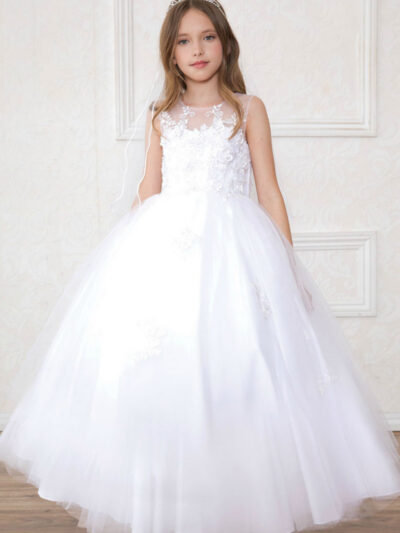 Girls Dress Style 0621818 White Floor-length Hand Made Flower Bateau Ball Gown Dress in Choice of Colour