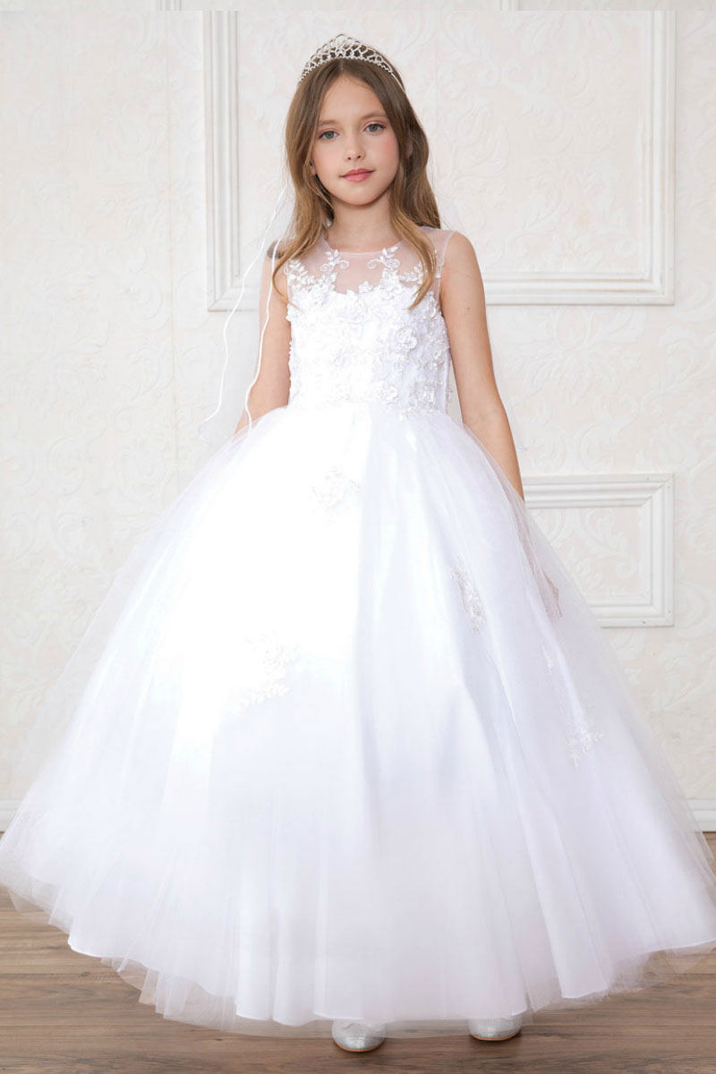 Girls Dress Style 0621818 White Floor-length Hand Made Flower Bateau Ball Gown Dress in Choice of Colour