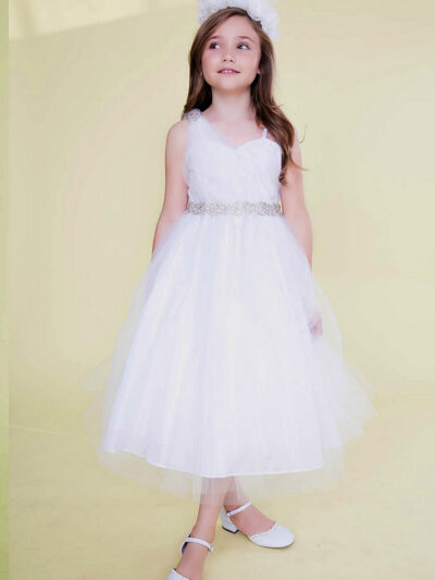 Girls Dress Style 0622018 White Tea-length Beading Sweetheart A-line Dress in Choice of Colour