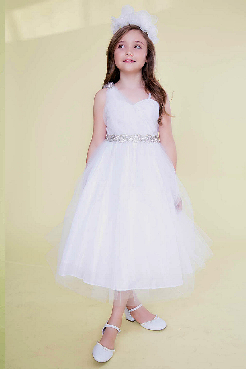 Girls Dress Style 0622018 White Tea-length Beading Sweetheart A-line Dress in Choice of Colour