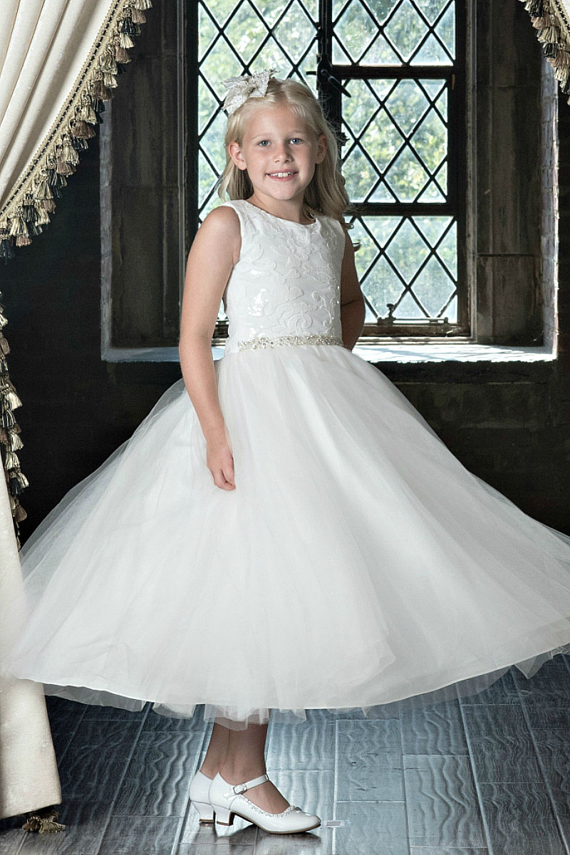 Girls Dress Style 0622418 Ivory Tea-length Beading Round A-line Dress in Choice of Colour