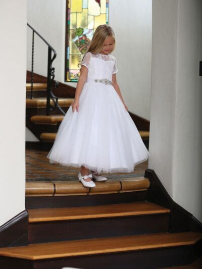 Girls Dress Style 062318 White Floor-length Lace , Beading , Bowknot Bateau A-line Dress in Choice of Colour