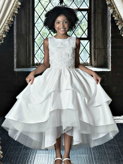 Girls Dress Style 0623318 Ivory Tea-length Applique , Tiered Round A-line Dress in Choice of Colour