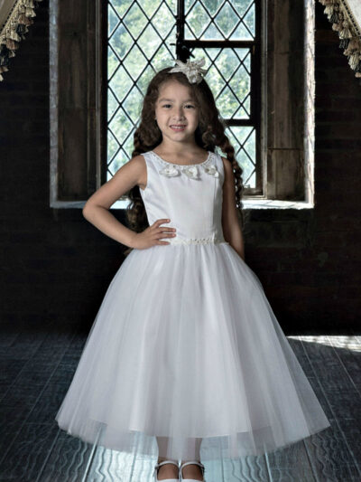 Girls Dress Style 0623418 Ivory Tea-length Beading , Hand Made Flower Bateau A-line Dress in Choice of Colour