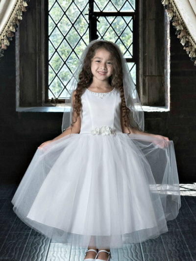 Girls Dress Style 0623518 Ivory Tea-length Beading , Hand Made Flower Bateau A-line Dress in Choice of Colour