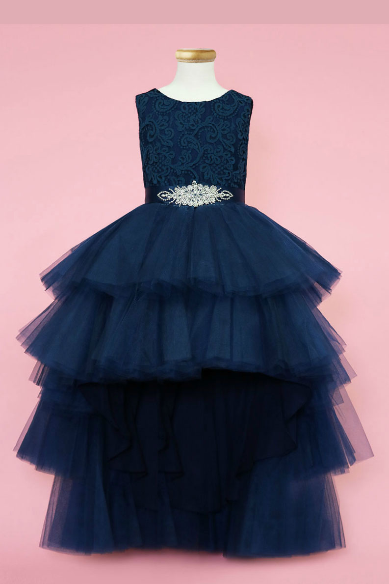 Girls Dress Style 0624118 Dark Navy Ankle Length Beading Bateau A-line Dress in Choice of Colour