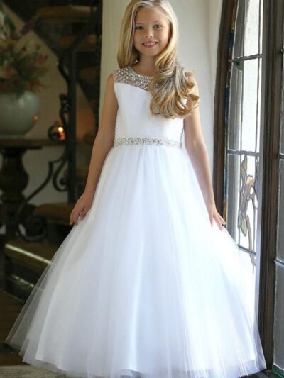 Girls Dress Style 062418 White Floor-length Beading Bateau A-line Dress in Choice of Colour