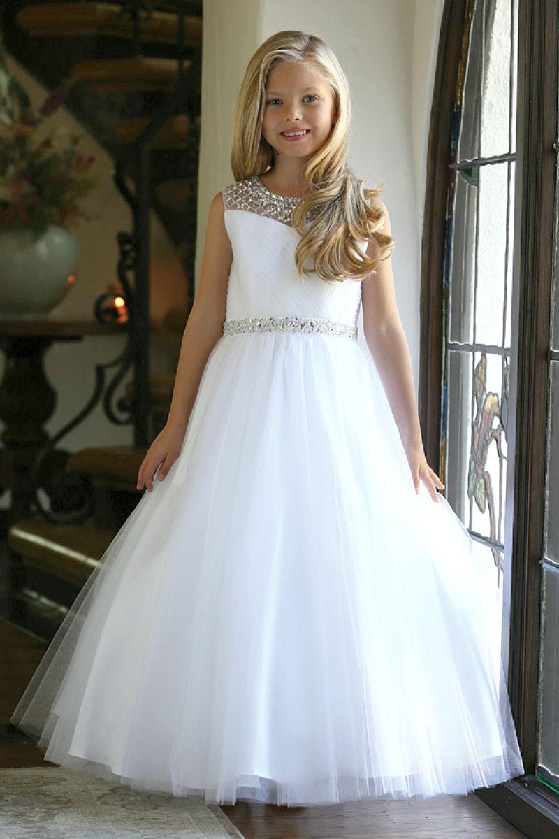 Girls Dress Style 062418 White Floor-length Beading Bateau A-line Dress in Choice of Colour