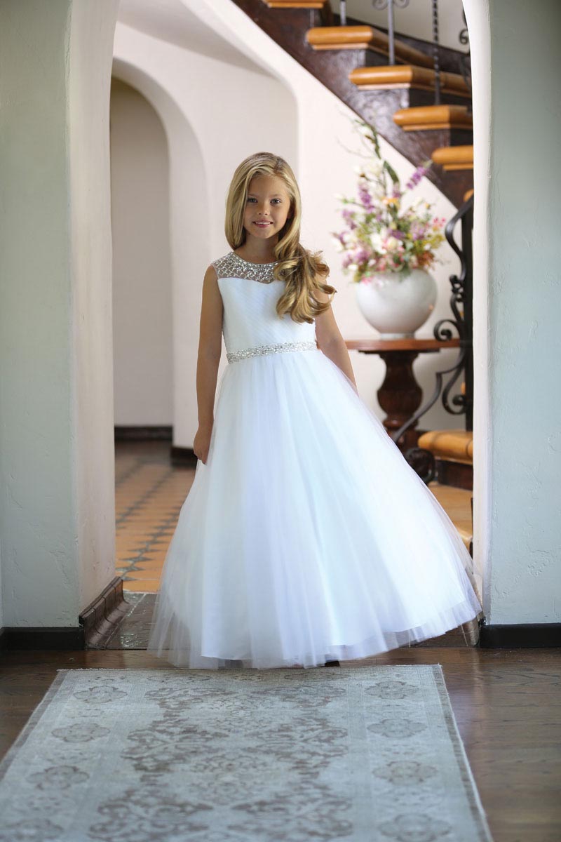 Girls Dress Style 062418 White Floor-length Beading Bateau A-line Dress in Choice of Colour