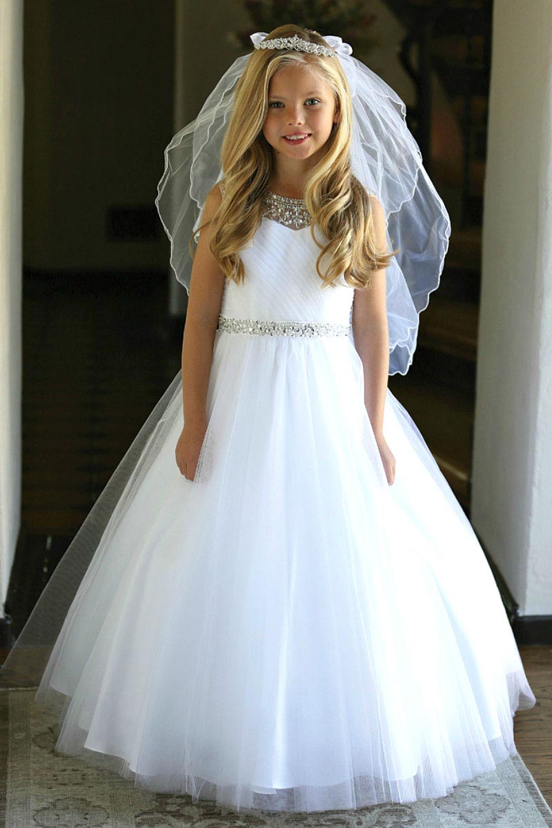 Girls Dress Style 062418 White Floor-length Beading Bateau A-line Dress in Choice of Colour
