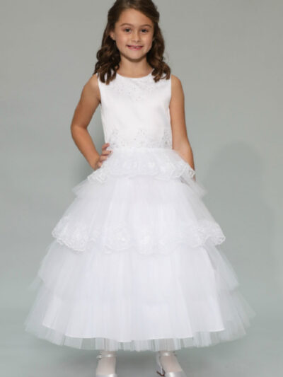 Girls Dress Style 0625018 Ivory Ankle Length Lace , Beading , Tiered Bateau A-line Dress in Choice of Colour