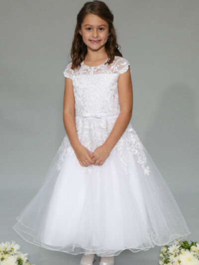 Girls Dress Style 0625418 White Ankle Length Lace Round A-line Dress in Choice of Colour