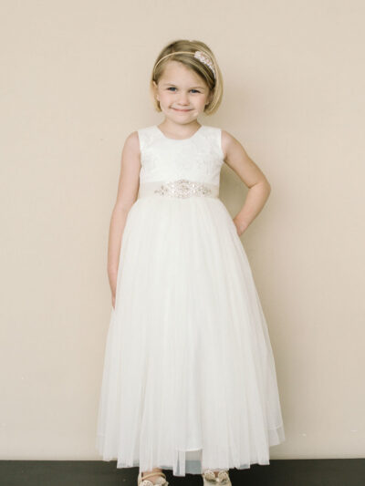 Girls Dress Style 0625518 Ivory Ankle Length Lace , Beading , Bowknot Bateau A-line Dress in Choice of Colour