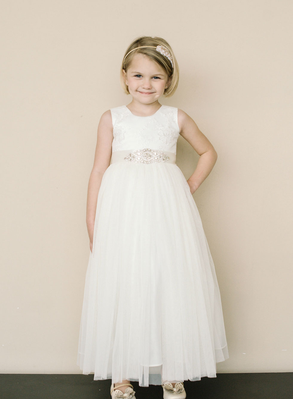 Girls Dress Style 0625518 Ivory Ankle Length Lace , Beading , Bowknot Bateau A-line Dress in Choice of Colour