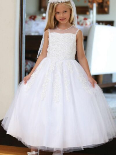 Girls Dress Style 062718 Ivory Floor-length Applique Bateau A-line Dress in Choice of Colour