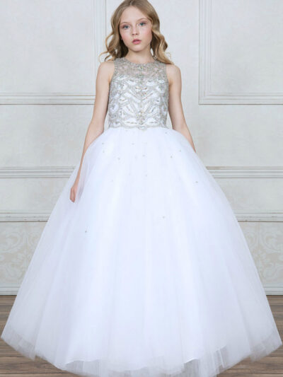 Girls Dress Style 0627218 White Floor-length Beading Bateau Ball Gown Dress in Choice of Colour